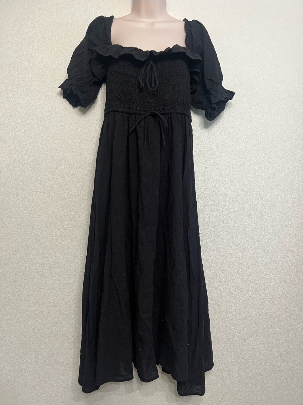 Women’s Black Square Neck Ruffled Half Sleeve Summer Backless Flowy Midi Dresses